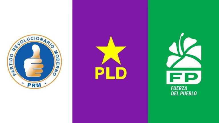Logos del PRM, PLD y Fuerza del Pueblo, los principales partidos de República Dominicana.